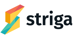 Striga logo featuring a colorful geometric "S" design next to the word "striga" in lowercase black letters.